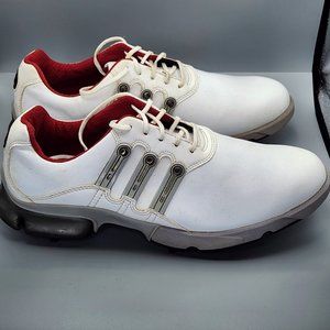 Men's Vintage Adidas Spiked Golf Shoe White with Red and Silver Accents Size 8
